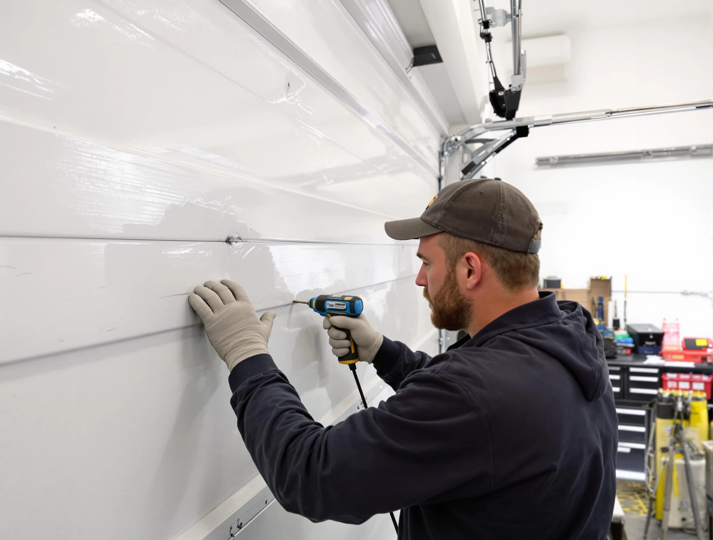 West Valley City Garage Door Repair technician demonstrating precision dent removal techniques on a West Valley City garage door